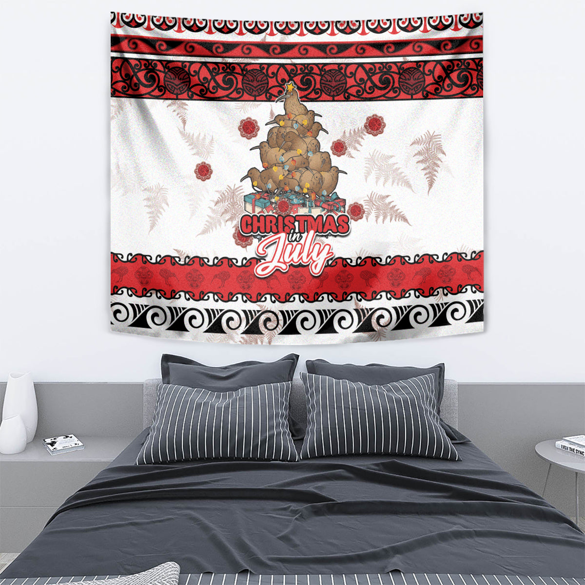 New Zealand July Christmas Tapestry Maori Kiwi Xmas Tree - White