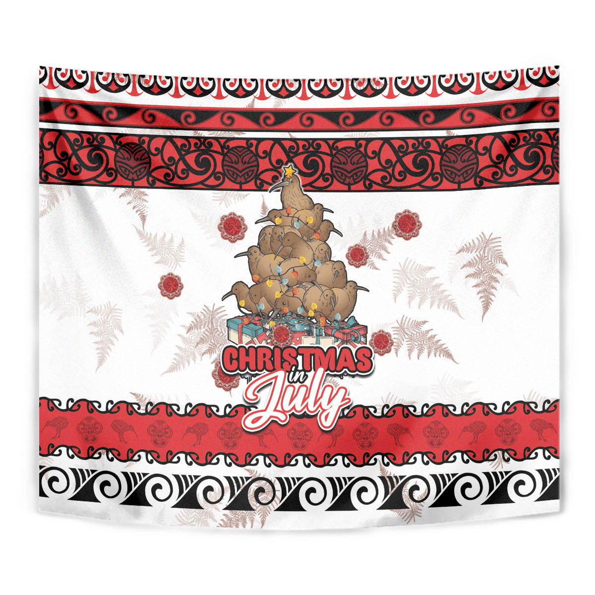 New Zealand July Christmas Tapestry Maori Kiwi Xmas Tree - White