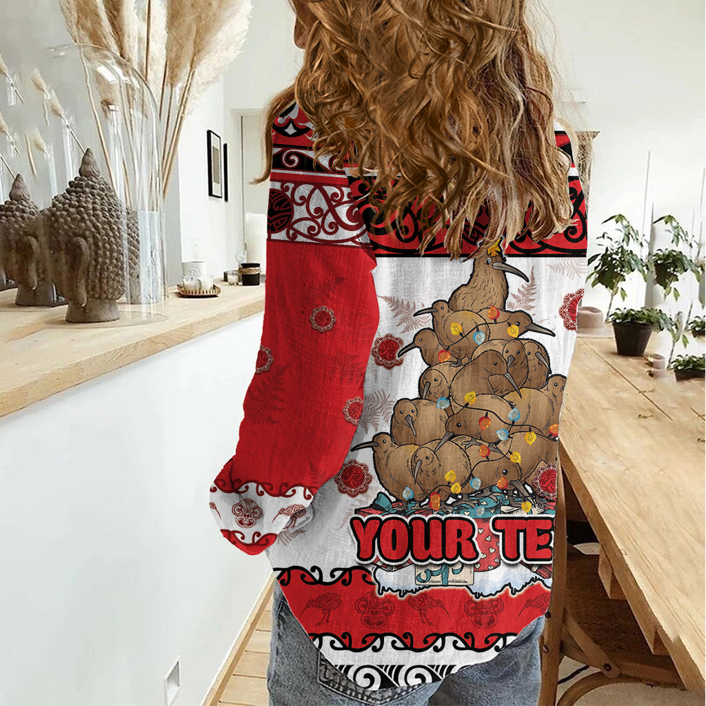 Personalised New Zealand July Christmas Women Casual Shirt Maori Kiwi Xmas Tree - White