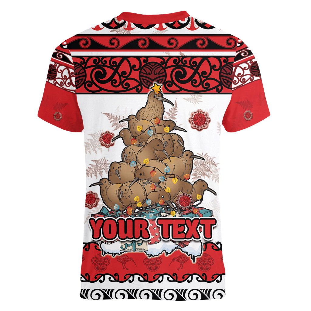 Personalised New Zealand July Christmas Women V-Neck T-Shirt Maori Kiwi Xmas Tree - White