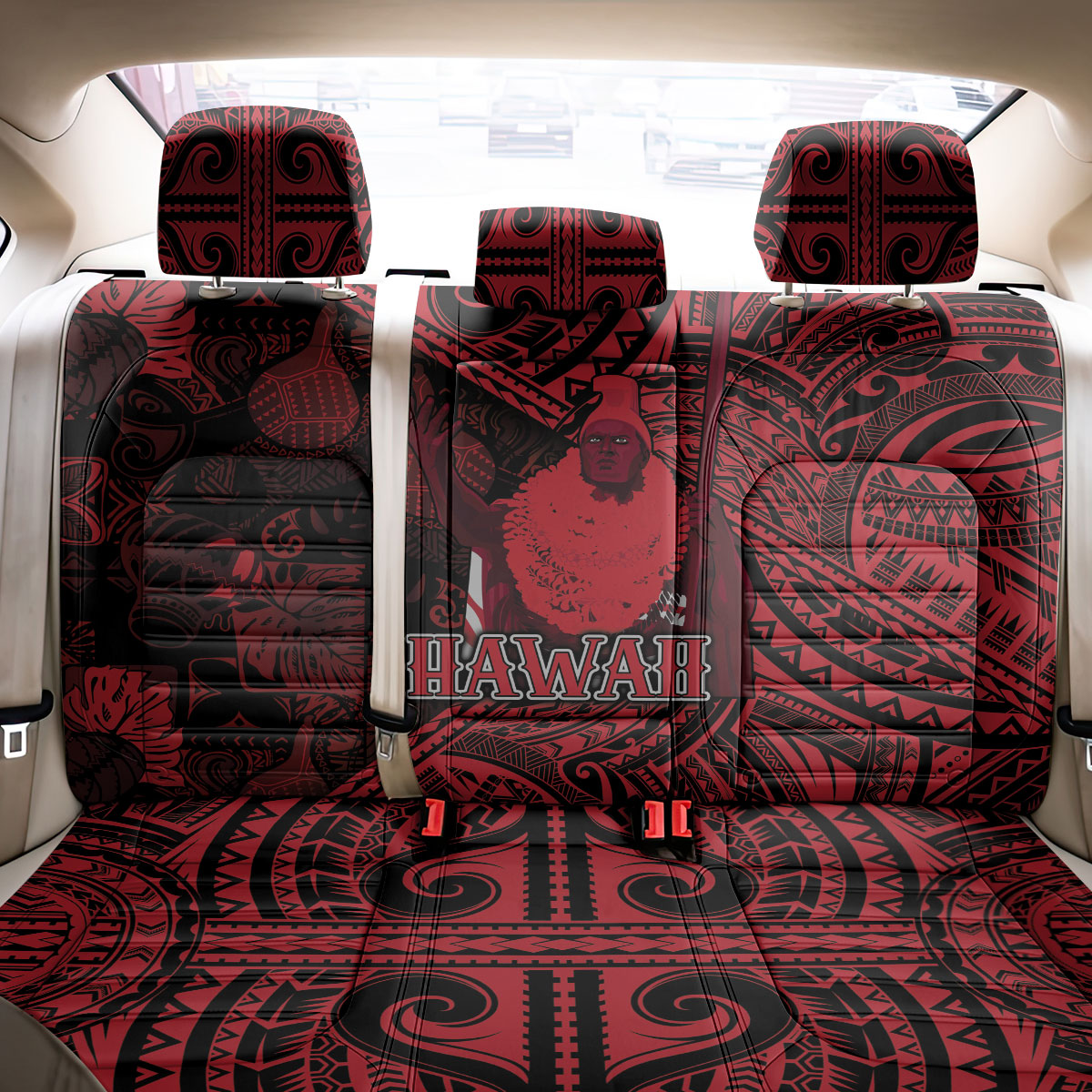 Hawaii King Kamehameha Back Car Seat Cover With Hawaiian Ipu Motifs Red Version