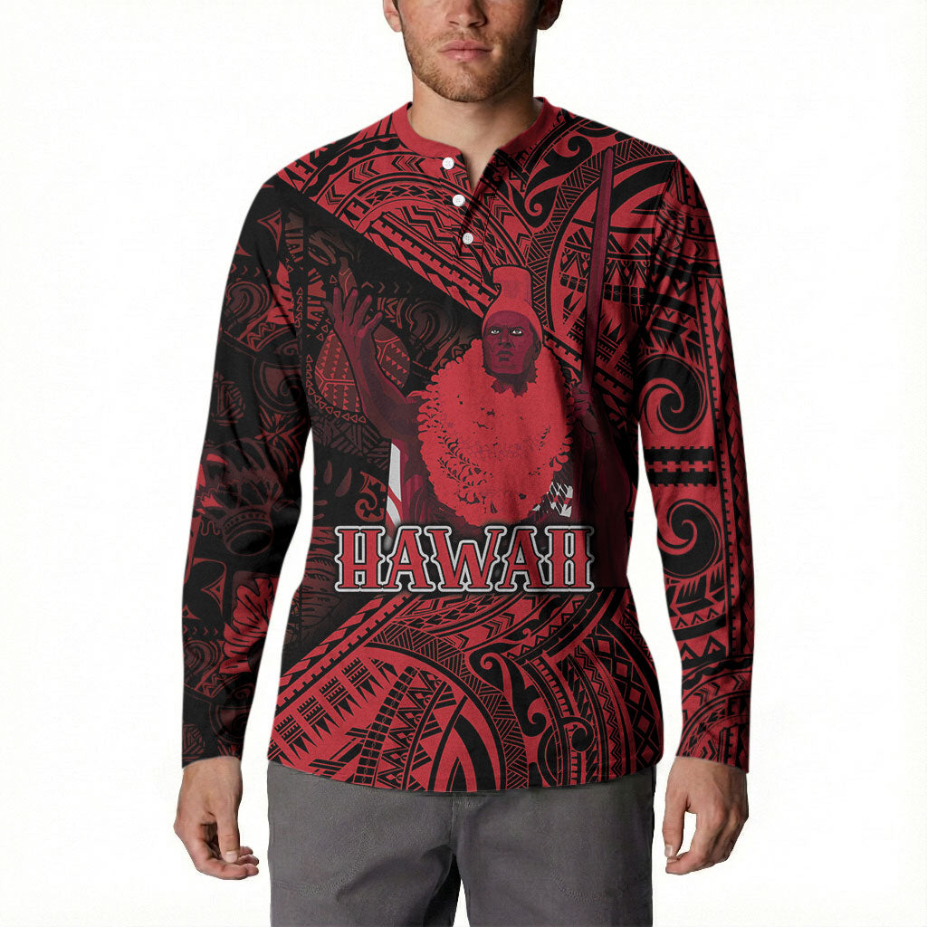 Hawaii King Kamehameha Button Sweatshirt With Hawaiian Ipu Motifs Red Version