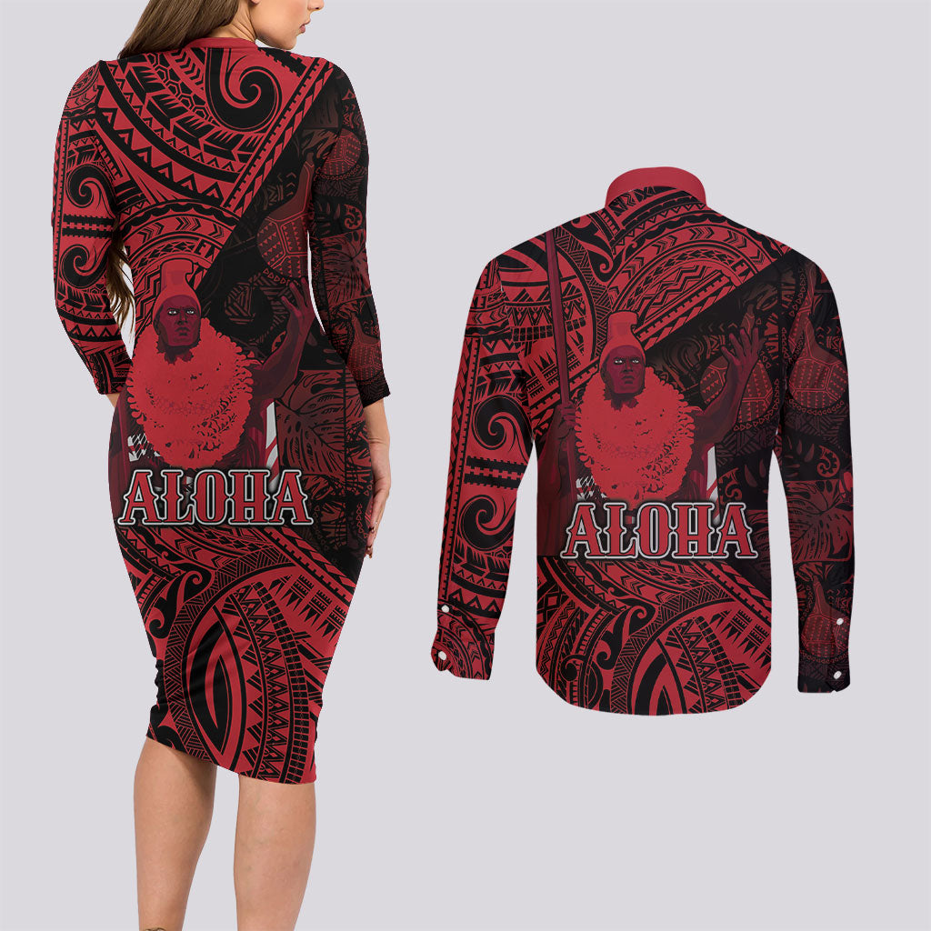 Hawaii King Kamehameha Couples Matching Long Sleeve Bodycon Dress and Long Sleeve Button Shirt With Hawaiian Ipu Motifs Red Version