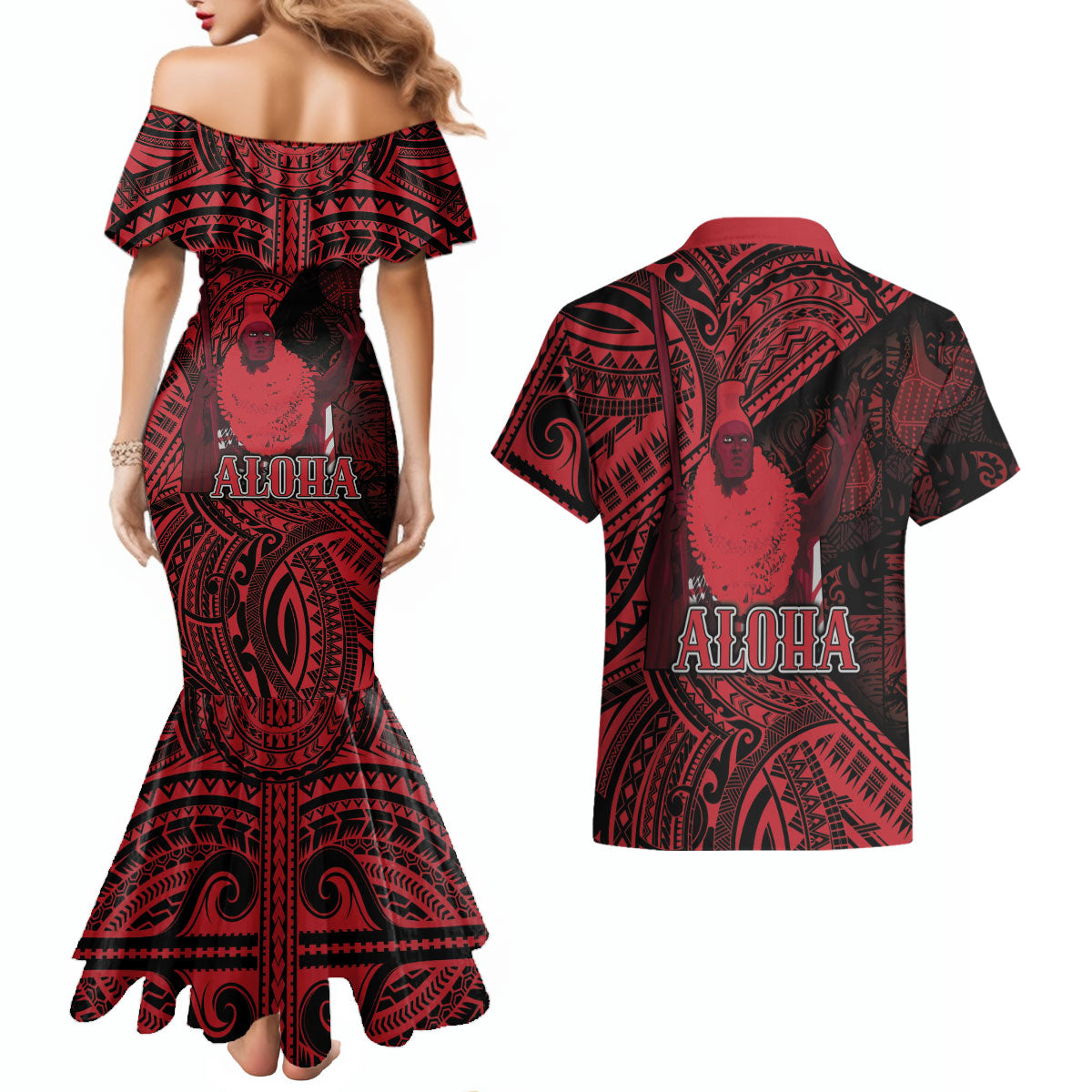 Hawaii King Kamehameha Couples Matching Mermaid Dress and Hawaiian Shirt With Hawaiian Ipu Motifs Red Version LT05 - Polynesian Pride