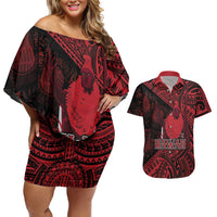 Hawaii King Kamehameha Couples Matching Off Shoulder Short Dress and Hawaiian Shirt With Hawaiian Ipu Motifs Red Version