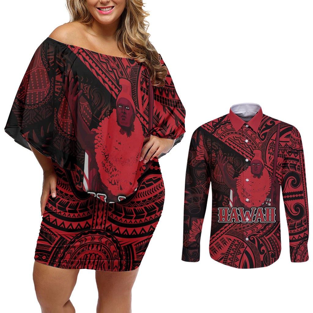 Hawaii King Kamehameha Couples Matching Off Shoulder Short Dress and Long Sleeve Button Shirt With Hawaiian Ipu Motifs Red Version