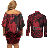Hawaii King Kamehameha Couples Matching Off Shoulder Short Dress and Long Sleeve Button Shirt With Hawaiian Ipu Motifs Red Version