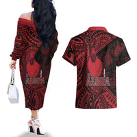 Hawaii King Kamehameha Couples Matching Off The Shoulder Long Sleeve Dress and Hawaiian Shirt With Hawaiian Ipu Motifs Red Version LT05 - Polynesian Pride