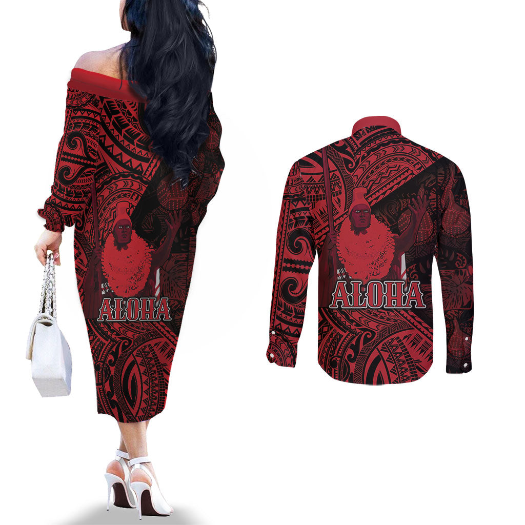 Hawaii King Kamehameha Couples Matching Off The Shoulder Long Sleeve Dress and Long Sleeve Button Shirt With Hawaiian Ipu Motifs Red Version LT05 - Polynesian Pride