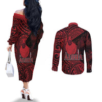 Hawaii King Kamehameha Couples Matching Off The Shoulder Long Sleeve Dress and Long Sleeve Button Shirt With Hawaiian Ipu Motifs Red Version LT05 - Polynesian Pride