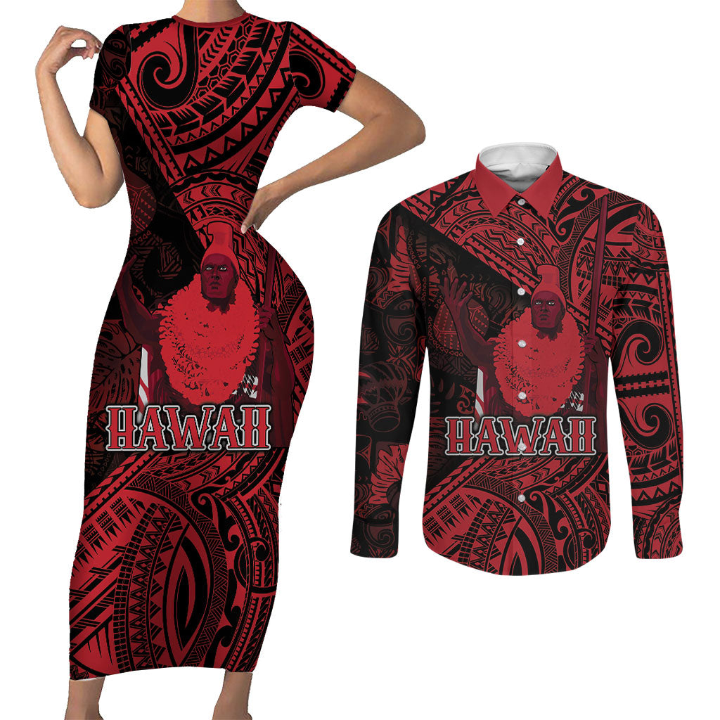 Hawaii King Kamehameha Couples Matching Short Sleeve Bodycon Dress and Long Sleeve Button Shirt With Hawaiian Ipu Motifs Red Version