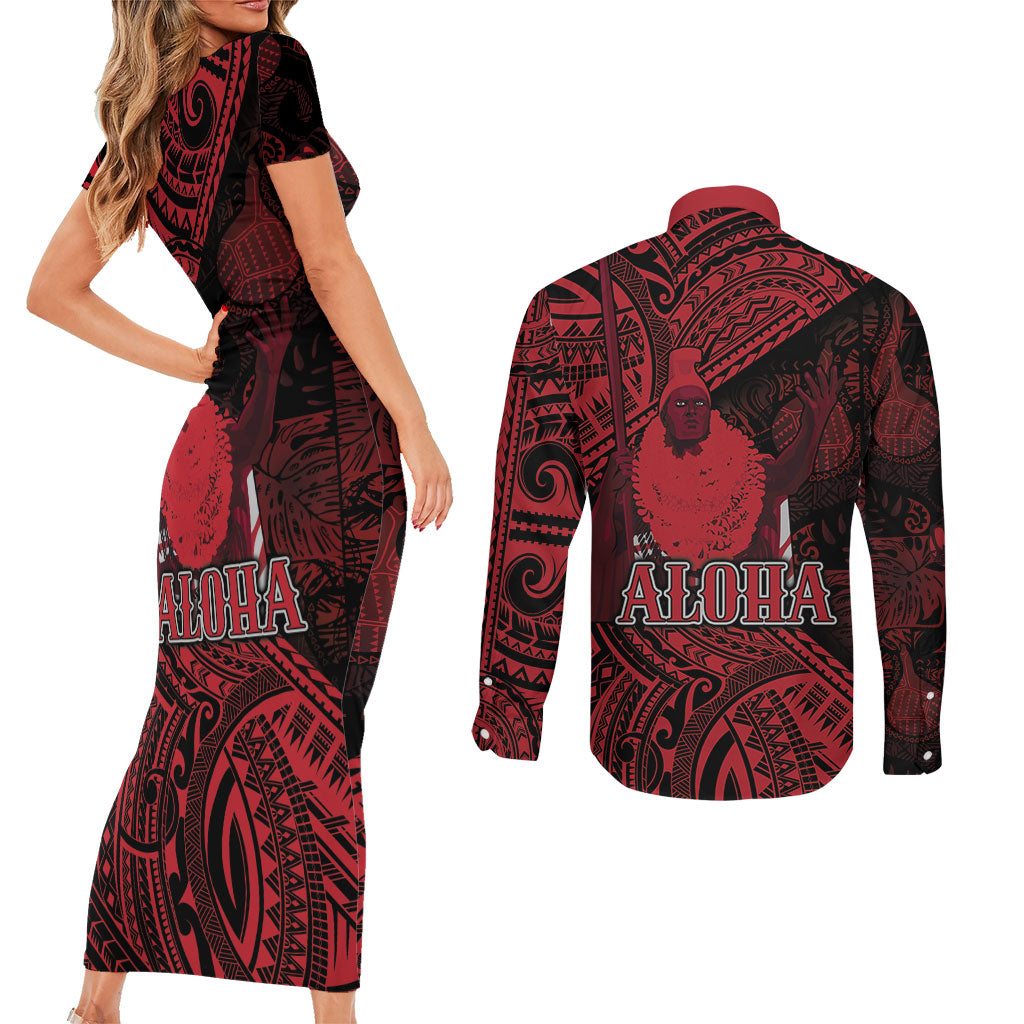 Hawaii King Kamehameha Couples Matching Short Sleeve Bodycon Dress and Long Sleeve Button Shirt With Hawaiian Ipu Motifs Red Version