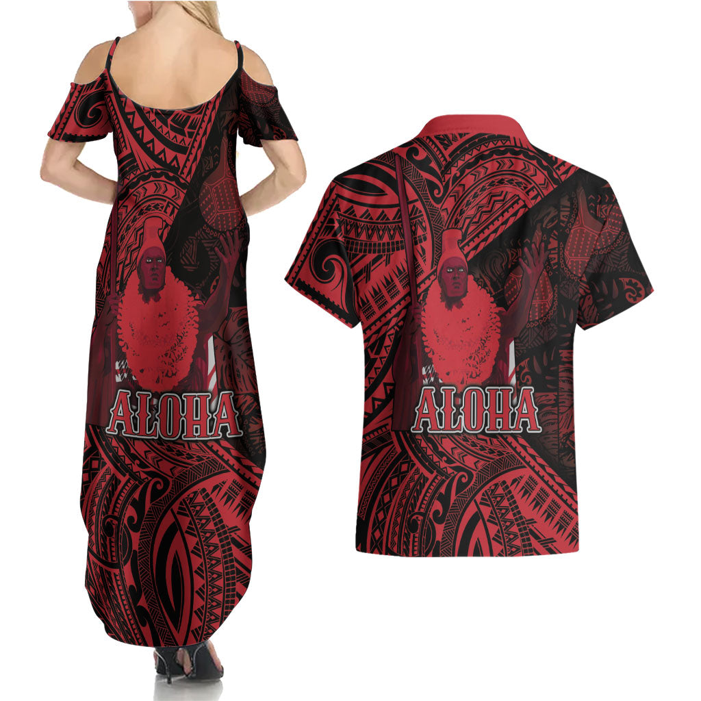 Hawaii King Kamehameha Couples Matching Summer Maxi Dress and Hawaiian Shirt With Hawaiian Ipu Motifs Red Version