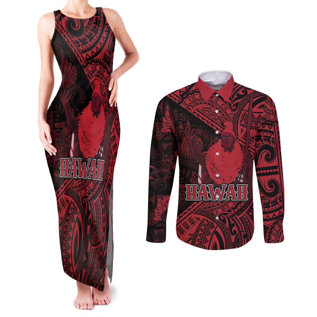 Hawaii King Kamehameha Couples Matching Tank Maxi Dress and Long Sleeve Button Shirt With Hawaiian Ipu Motifs Red Version