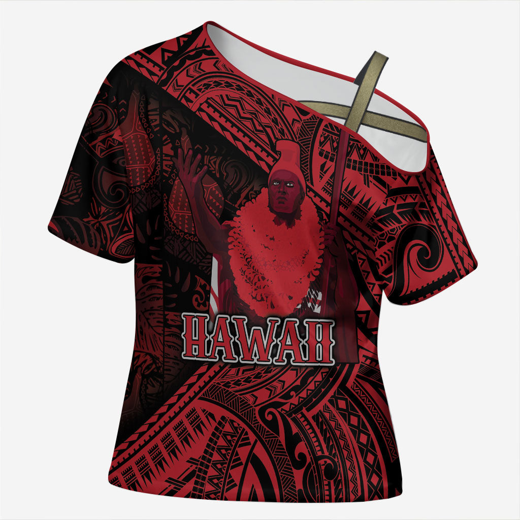 Hawaii King Kamehameha Cross Shoulder Shirt With Hawaiian Ipu Motifs Red Version