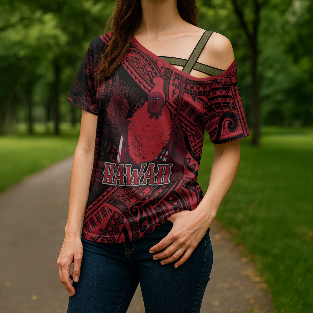 Hawaii King Kamehameha Cross Shoulder Shirt With Hawaiian Ipu Motifs Red Version