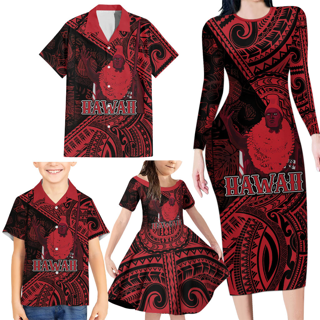 Hawaii King Kamehameha Family Matching Long Sleeve Bodycon Dress and Hawaiian Shirt With Hawaiian Ipu Motifs Red Version LT05 - Polynesian Pride