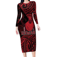 Hawaii King Kamehameha Family Matching Long Sleeve Bodycon Dress and Hawaiian Shirt With Hawaiian Ipu Motifs Red Version LT05 Mom's Dress Red - Polynesian Pride