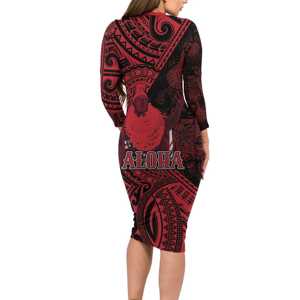 Hawaii King Kamehameha Family Matching Long Sleeve Bodycon Dress and Hawaiian Shirt With Hawaiian Ipu Motifs Red Version LT05 - Polynesian Pride