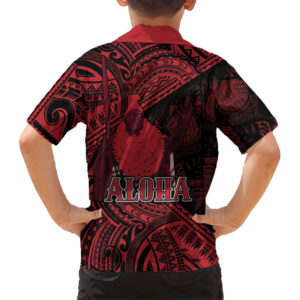 Hawaii King Kamehameha Family Matching Off The Shoulder Long Sleeve Dress and Hawaiian Shirt With Hawaiian Ipu Motifs Red Version LT05 - Polynesian Pride