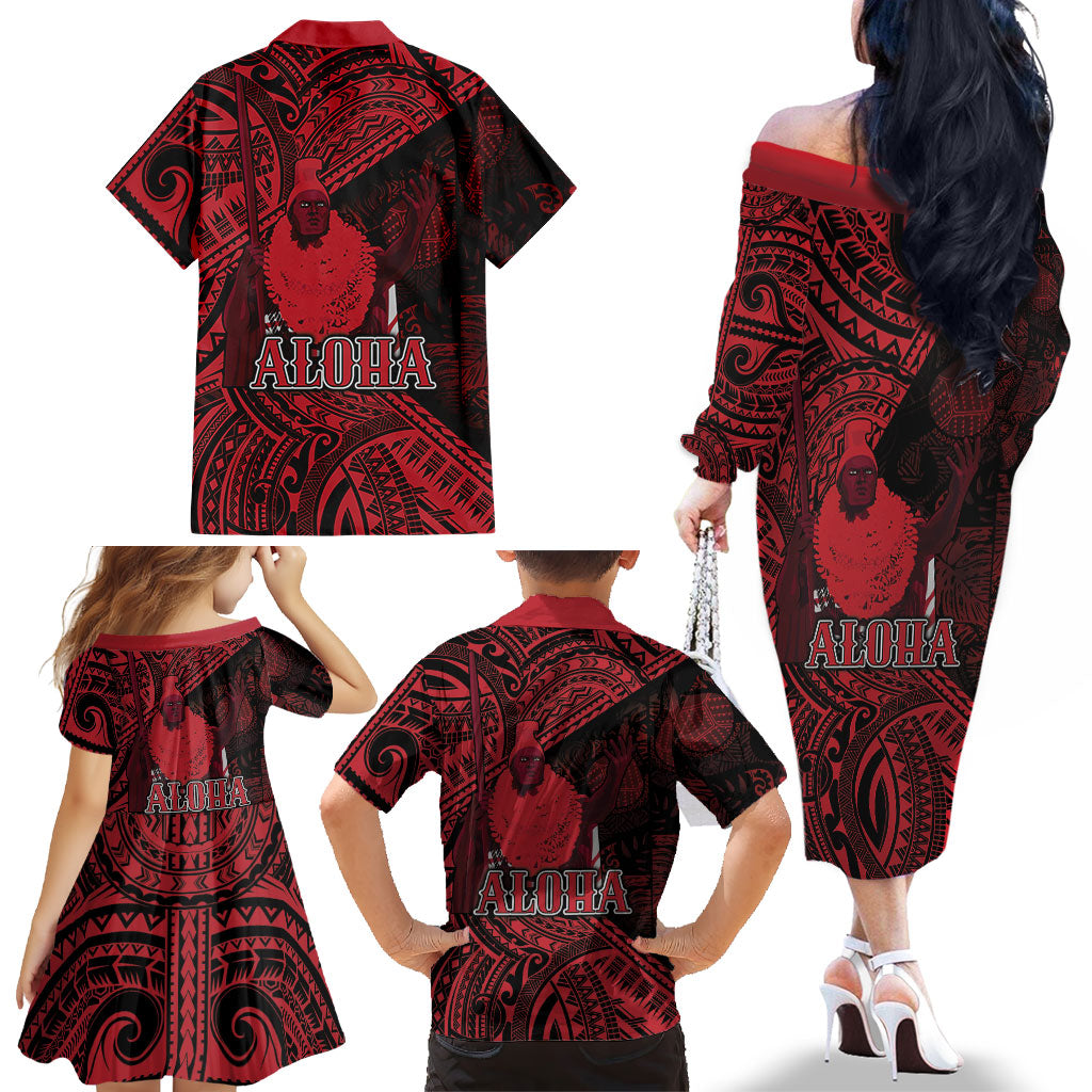 Hawaii King Kamehameha Family Matching Off The Shoulder Long Sleeve Dress and Hawaiian Shirt With Hawaiian Ipu Motifs Red Version LT05 - Polynesian Pride