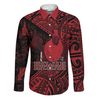 Hawaii King Kamehameha Family Matching Off The Shoulder Long Sleeve Dress and Hawaiian Shirt With Hawaiian Ipu Motifs Red Version LT05 Dad's Shirt - Long Sleeve Red - Polynesian Pride