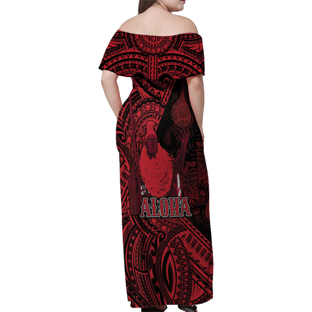 Hawaii King Kamehameha Family Matching Off Shoulder Maxi Dress and Hawaiian Shirt With Hawaiian Ipu Motifs Red Version LT05 - Polynesian Pride