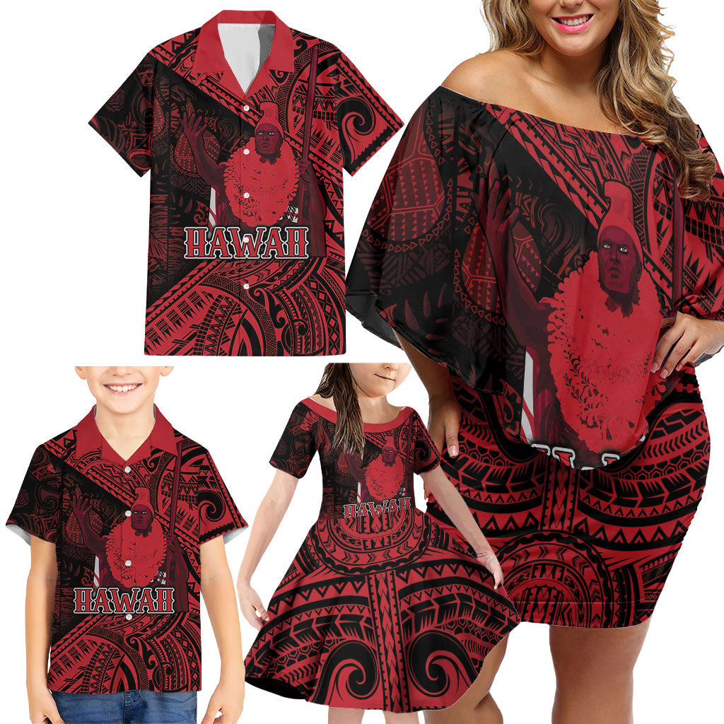 Hawaii King Kamehameha Family Matching Off Shoulder Short Dress and Hawaiian Shirt With Hawaiian Ipu Motifs Red Version