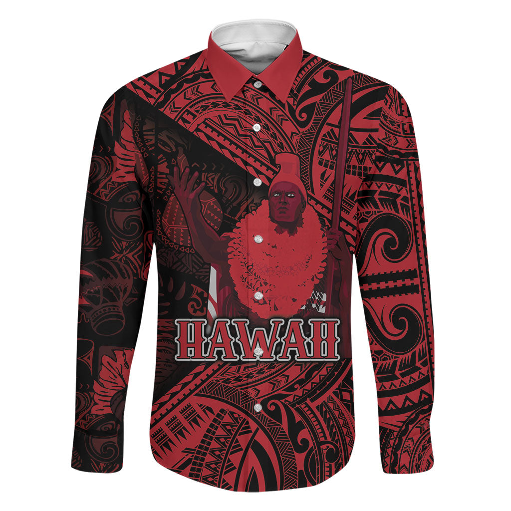 Hawaii King Kamehameha Family Matching Tank Maxi Dress and Hawaiian Shirt With Hawaiian Ipu Motifs Red Version LT05 Dad's Shirt - Long Sleeve Red - Polynesian Pride