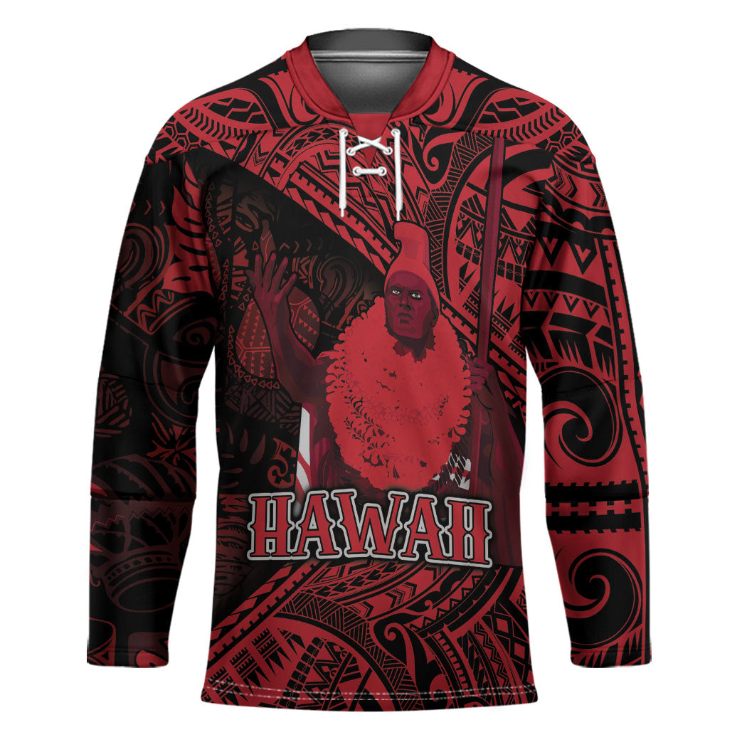 Hawaii King Kamehameha Hockey Jersey With Hawaiian Ipu Motifs Red Version