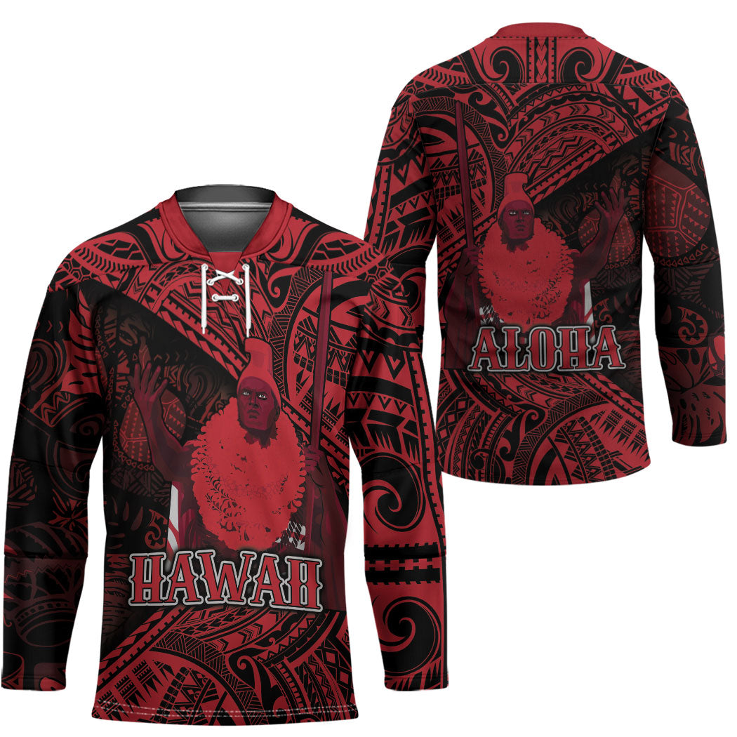Hawaii King Kamehameha Hockey Jersey With Hawaiian Ipu Motifs Red Version