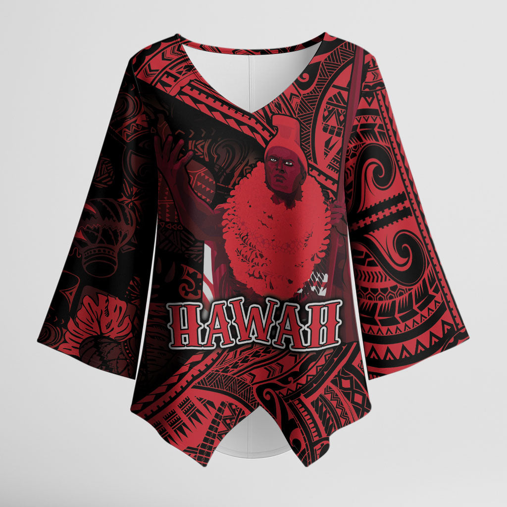 Hawaii King Kamehameha Kimono Sleeve Blouse With Hawaiian Ipu Motifs Red Version