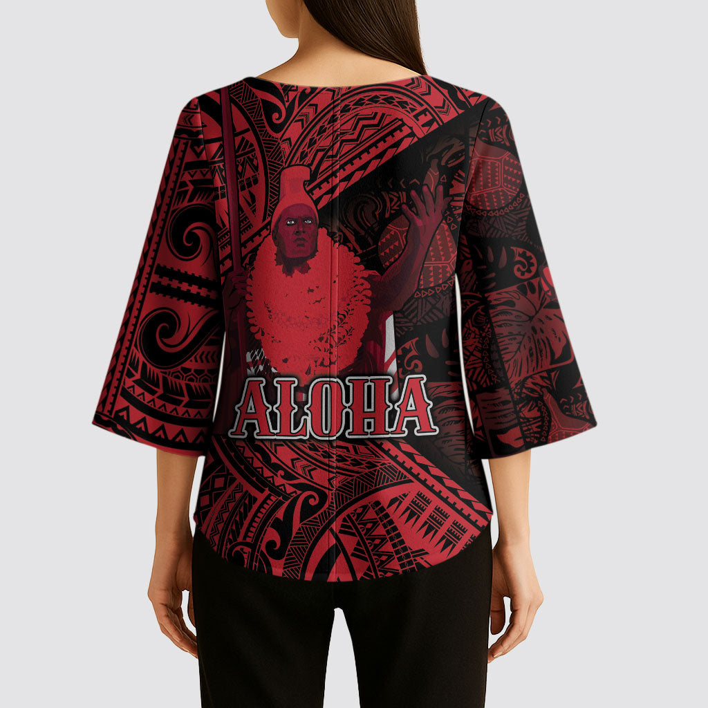 Hawaii King Kamehameha Kimono Sleeve Blouse With Hawaiian Ipu Motifs Red Version