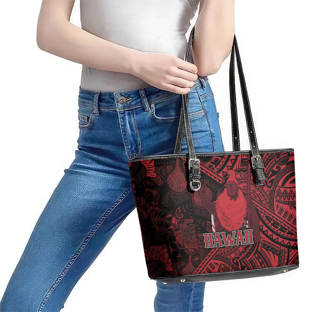 Hawaii King Kamehameha Leather Tote Bag With Hawaiian Ipu Motifs Red Version