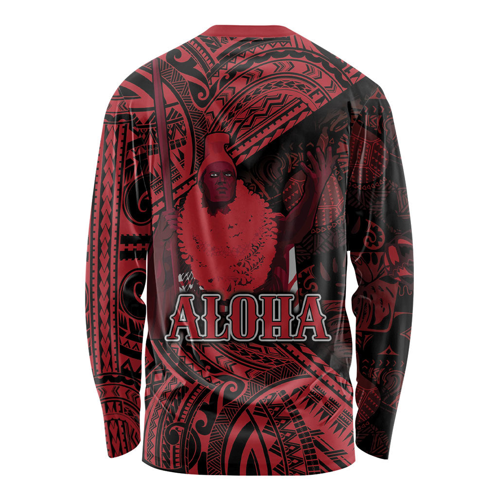 Hawaii King Kamehameha Long Sleeve Shirt With Hawaiian Ipu Motifs Red Version