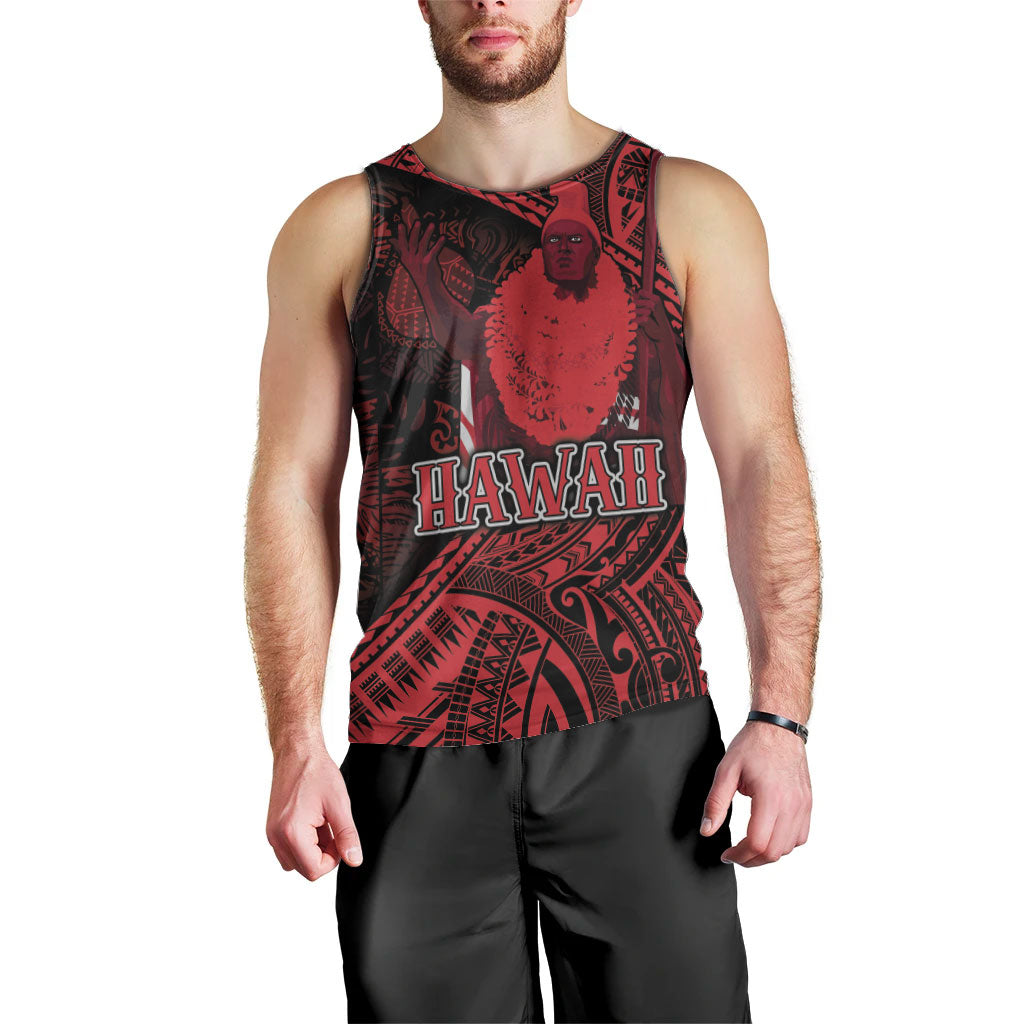 Hawaii King Kamehameha Men Tank Top With Hawaiian Ipu Motifs Red Version