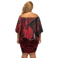 Hawaii King Kamehameha Off Shoulder Short Dress With Hawaiian Ipu Motifs Red Version