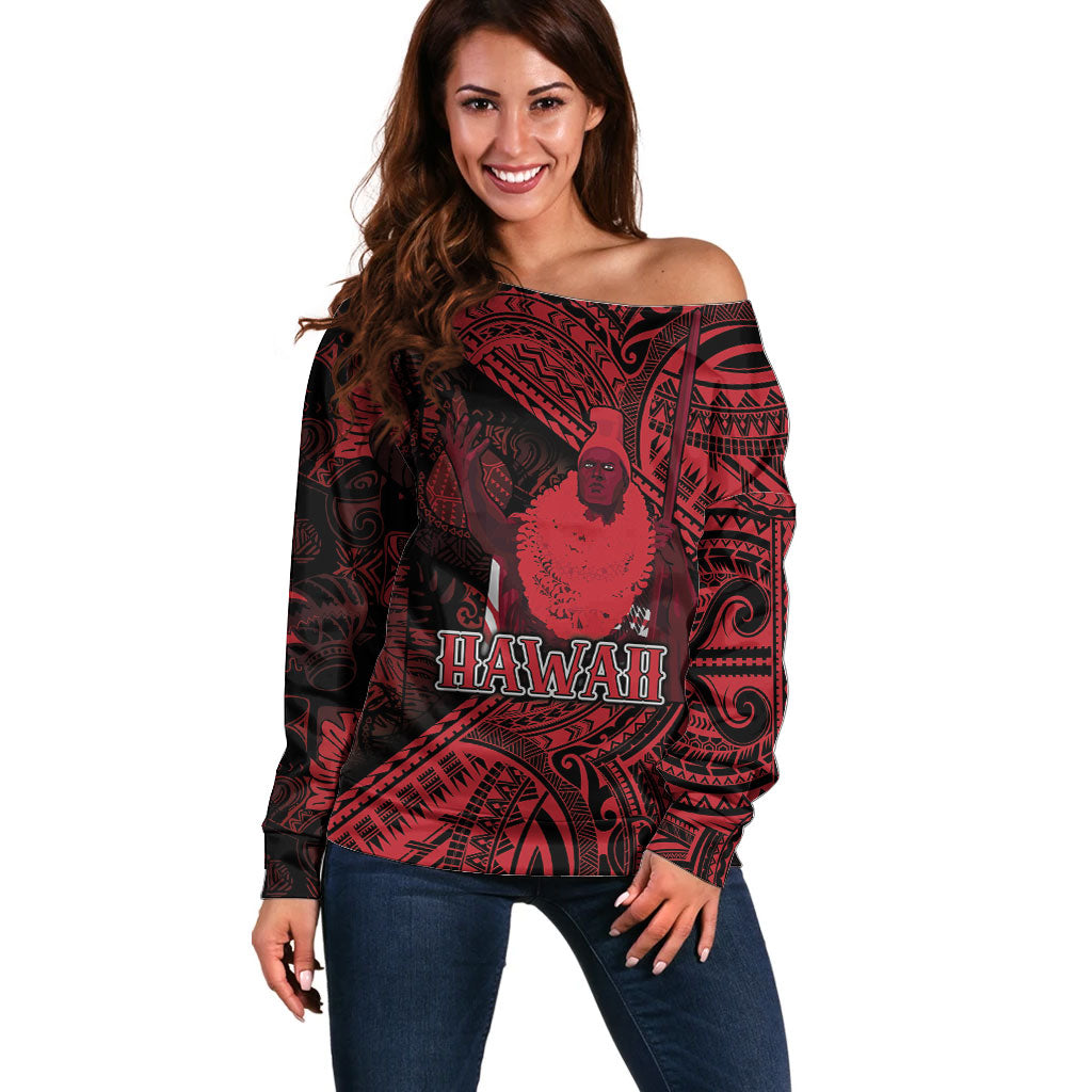 Hawaii King Kamehameha Off Shoulder Sweater With Hawaiian Ipu Motifs Red Version