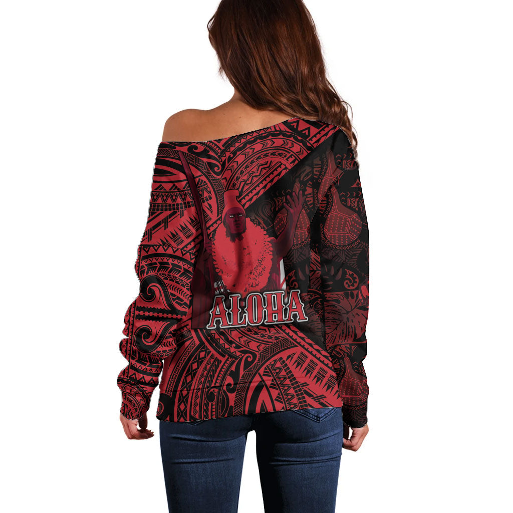 Hawaii King Kamehameha Off Shoulder Sweater With Hawaiian Ipu Motifs Red Version