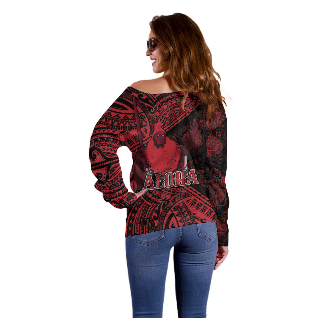 Hawaii King Kamehameha Off Shoulder Sweater With Hawaiian Ipu Motifs Red Version
