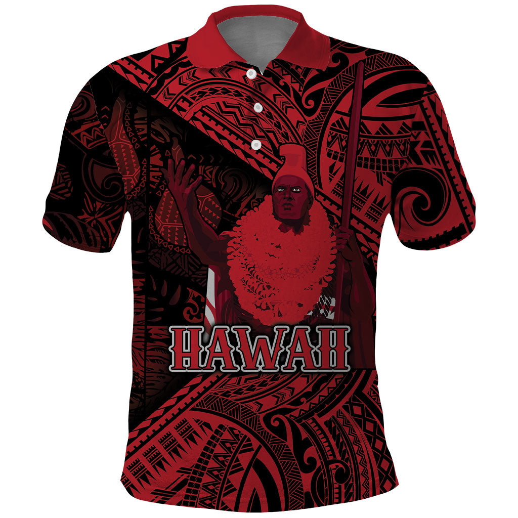 Hawaii King Kamehameha Polo Shirt With Hawaiian Ipu Motifs Red Version
