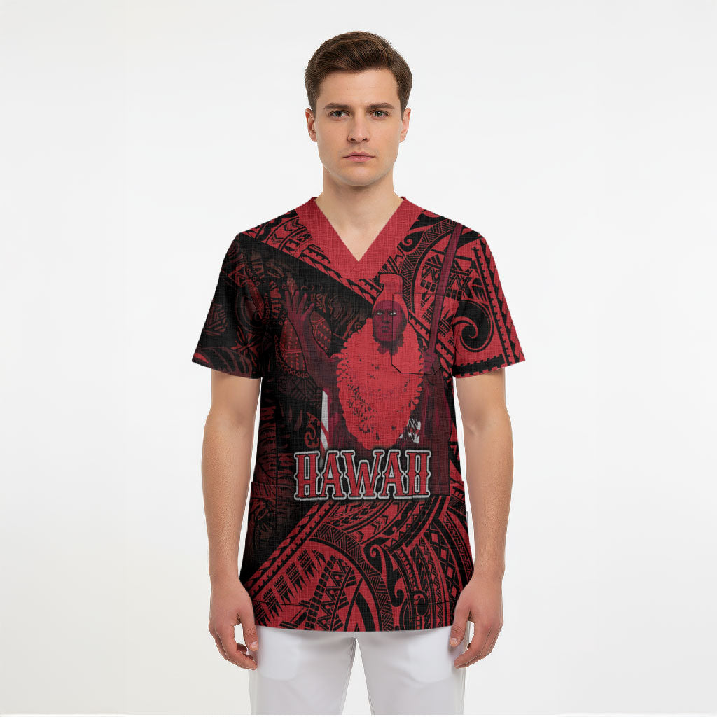 Hawaii King Kamehameha Scrub Top With Hawaiian Ipu Motifs Red Version