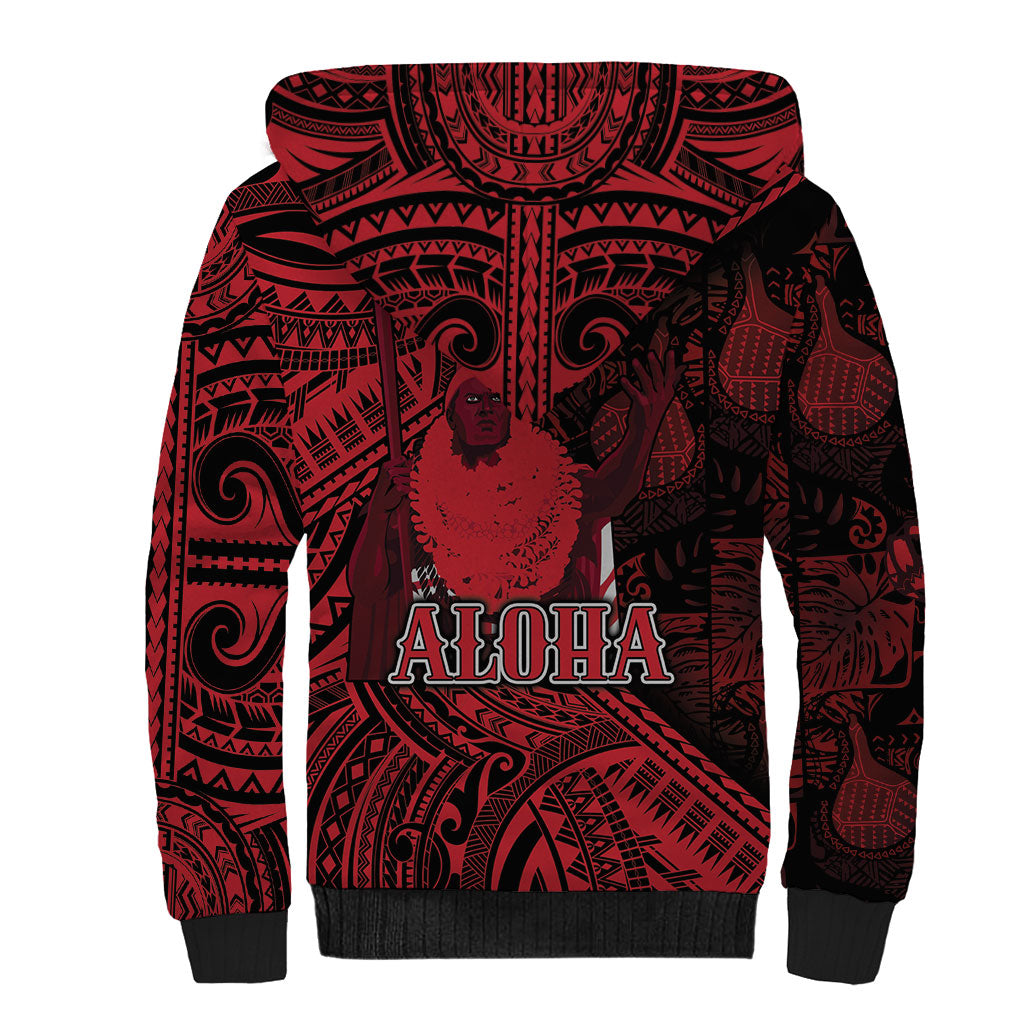 Hawaii King Kamehameha Sherpa Hoodie With Hawaiian Ipu Motifs Red Version