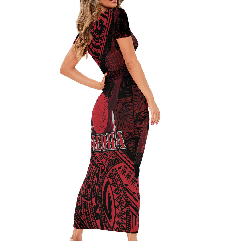 Hawaii King Kamehameha Short Sleeve Bodycon Dress With Hawaiian Ipu Motifs Red Version