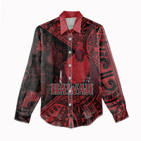 Hawaii King Kamehameha Women Casual Shirt With Hawaiian Ipu Motifs Red Version