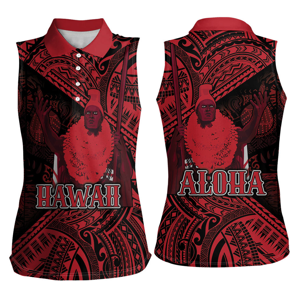 Hawaii King Kamehameha Women Sleeveless Polo Shirt With Hawaiian Ipu Motifs Red Version