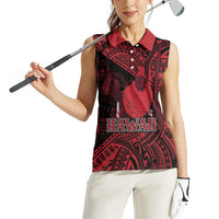 Hawaii King Kamehameha Women Sleeveless Polo Shirt With Hawaiian Ipu Motifs Red Version