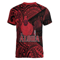 Hawaii King Kamehameha Women V-Neck T-Shirt With Hawaiian Ipu Motifs Red Version