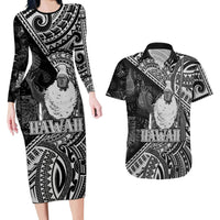 Hawaii King Kamehameha Couples Matching Long Sleeve Bodycon Dress and Hawaiian Shirt With Hawaiian Ipu Motifs Black Version LT05 Black - Polynesian Pride