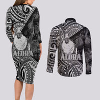 Hawaii King Kamehameha Couples Matching Long Sleeve Bodycon Dress and Long Sleeve Button Shirt With Hawaiian Ipu Motifs Black Version
